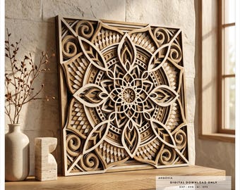 May include: A square, multi-layered wooden wall art piece featuring an intricate, symmetrical mandala design with laser-cut geometric patterns. The artwork displays various shades of natural wood and includes text indicating a 300x300mm size.