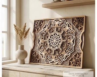 May include: A rectangular multi-layered wooden wall art piece featuring an intricate laser-cut mandala design with geometric patterns. The text on the image indicates a digital download for a 400 x 301mm size, 8 layers, and 3mm material.