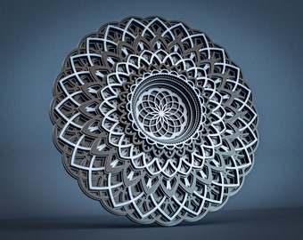 May include: A silver and black mandala with intricate geometric patterns. The mandala is made of multiple layers of overlapping circles and shapes.