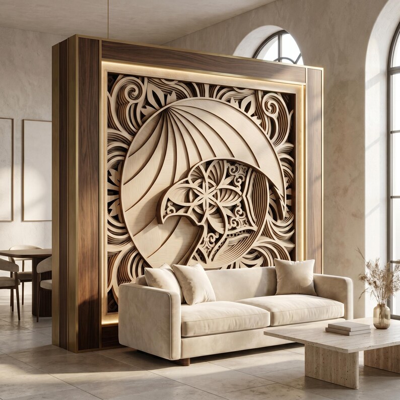 May include: A large, rectangular room divider featuring a multi-layered, laser-cut wooden panel with an intricate eagle head design. The artwork is framed in dark wood with integrated warm lighting, positioned behind a beige sofa in a bright room.