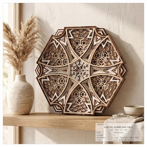 SVG-bestand geometrische mandala, gelaagd lasergesneden ontwerp, meerlaagse DXF-sjabloon, CNC-router kunst aan de muur, houten mandala-decor