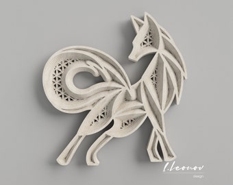 May include: A white, layered, papercut design of a stylized fox with a geometric pattern. The design is a 3D sculpture with intricate details.