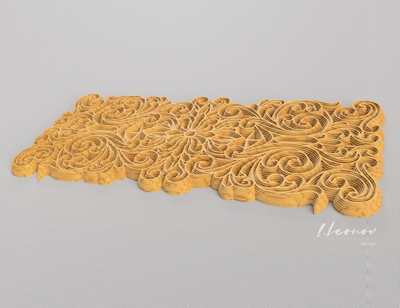 May include: A detailed, intricate, golden paper cut design with a floral pattern. The design is layered and has a 3D effect. The text "I.Leonov Design" is visible in the lower right corner.
