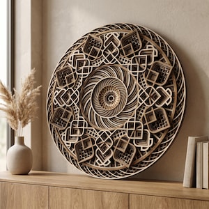 May include: A circular wooden wall art piece featuring intricate, multi-layered geometric patterns with a central spiral design. The artwork is composed of stacked, laser-cut wood panels in varying shades of natural brown, creating a deep, textured relief.