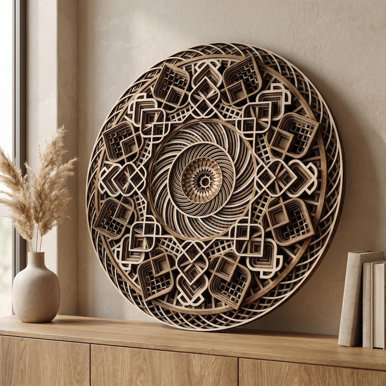 May include: A circular wooden wall art piece featuring intricate, multi-layered geometric patterns with a central spiral design. The artwork is composed of stacked, laser-cut wood panels in varying shades of natural brown, creating a deep, textured relief.