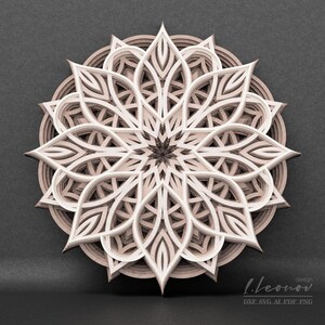 以下が含まれることがあります： 花柄マンダラデザインの、多層構造の立体ウォールアート。明るいベージュとオフホワイトの素材を重ねて、テクスチャ効果を生み出しています。デザインは対称的で、中心にスターバーストパターンがあります。背景は濃いグレーです。
