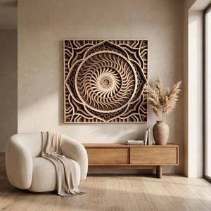 May include: A square, multi-layered wooden wall art piece featuring a complex, concentric mandala design with swirling, sun-like patterns in shades of natural wood, mounted on a wall above a wooden console table and a textured cream armchair.