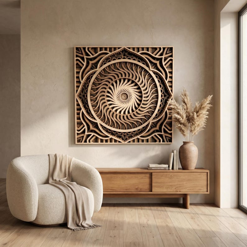 May include: A square, multi-layered wooden wall art piece featuring a complex, concentric mandala design with swirling, sun-like patterns in shades of natural wood, mounted on a wall above a wooden console table and a textured cream armchair.