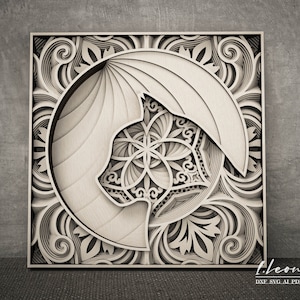 Laser gesneden kunst aan de muur, Kat silhouet in mandala vector bestand, Meerlaags dxf bestand voor lasersnijden, Papier gesneden pdf patroon