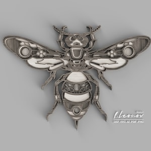 Puede incluir: Un recorte de madera de una abeja estilizada con detalles intrincados, que se asemeja a un robot o una máquina. La abeja es de color marrón claro con acentos blancos. El diseño es para corte por láser e incluye el texto "L.Leonov design DXF SVG AI PDF PNG".