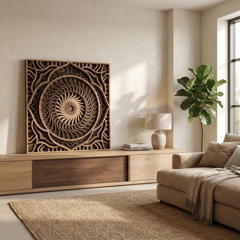 May include: A square wooden wall art piece featuring intricate, multi-layered geometric patterns with a central sunburst design. The artwork is constructed from stacked wood panels in varying shades of brown, creating depth and texture.