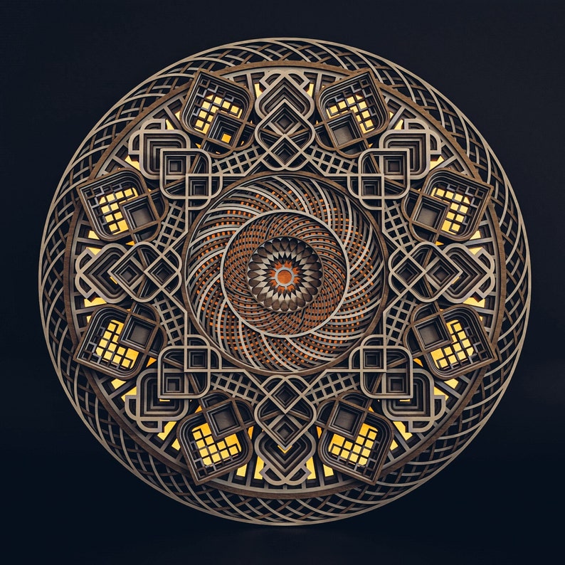 May include: A circular multi-layered wooden wall art piece featuring intricate geometric cutouts and lattice patterns. The design includes a central sunburst motif surrounded by concentric rings of dark and light wood, illuminated by a warm yellow light.