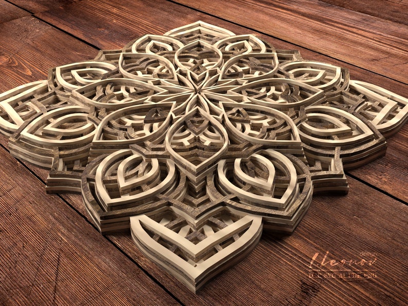 May include: A layered wooden mandala with a intricate geometric design. The mandala is made of multiple layers of wood, each with a different pattern. The mandala is a popular decorative element in many cultures.