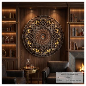 May include: A circular, multi-layered wooden wall art piece featuring an intricate geometric mandala pattern with warm internal lighting. The design includes a central starburst motif surrounded by interlocking lattice structures, measuring 334mm.