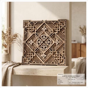 May include: A square, multi-layered laser-cut wooden wall art piece featuring intricate geometric patterns and central floral motifs. The design includes text indicating a digital download, 300 x 300 mm size, 8 layers, 3 mm material thickness.