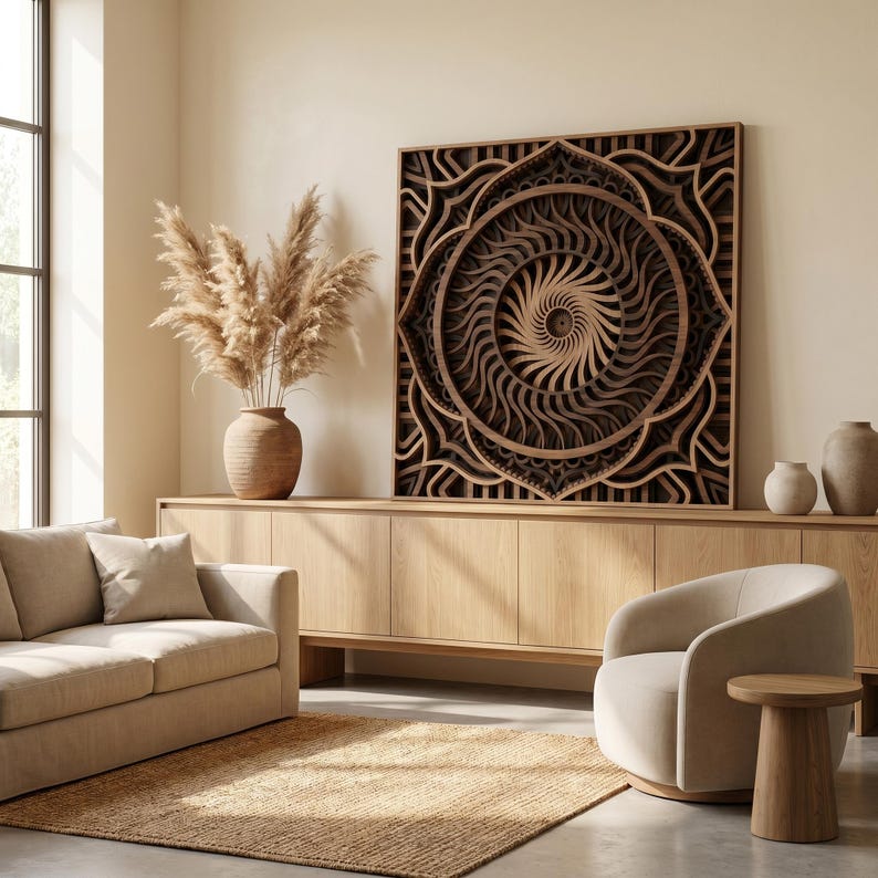 May include: A square wooden wall art piece featuring a multi-layered, intricate mandala design with a central sunburst pattern. The artwork is composed of dark and light brown wood tones, creating a deep, dimensional effect on the wall.