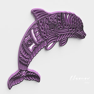 May include: A purple and black 3D paper cut-out of a dolphin with intricate patterns. The dolphin is leaping out of the water.