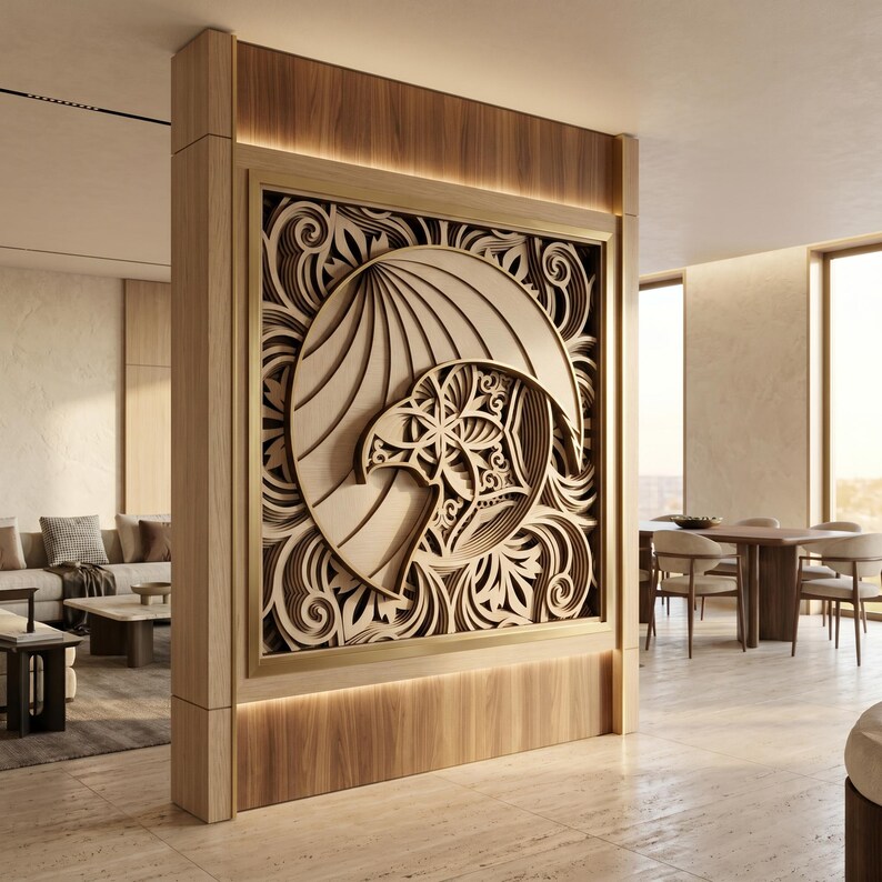May include: A wooden room divider featuring a multi-layered, laser-cut panel with an intricate eagle head design. The artwork is framed in a light wood structure with integrated warm lighting, showcasing detailed scrollwork and geometric patterns.