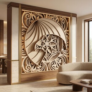 May include: A large, rectangular wooden wall panel featuring intricate, multi-layered laser-cut designs. The central motif depicts a stylized eagle head profile enclosed within a circular frame, surrounded by elaborate, flowing scrollwork patterns.