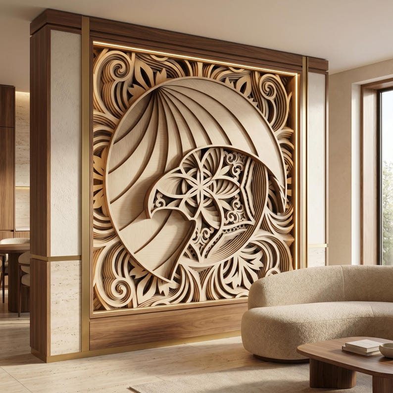 May include: A large, rectangular wooden wall panel featuring intricate, multi-layered laser-cut designs. The central motif depicts a stylized eagle head profile enclosed within a circular frame, surrounded by elaborate, flowing scrollwork patterns.