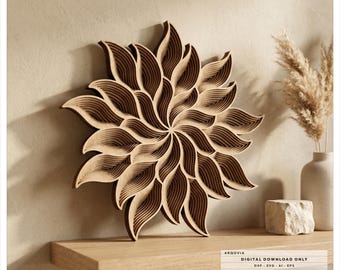 May include: A multi-layered wooden wall art piece featuring a radial, flower-like design with swirling, pointed petals in varying shades of brown. The text on the image indicates a digital download with a size of 200mm x 200mm and 3mm material.