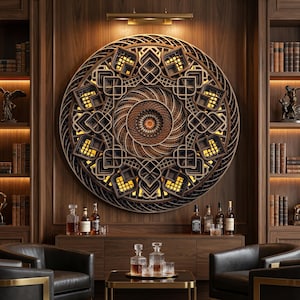May include: A large, circular, multi-layered wooden wall art piece featuring an intricate geometric mandala pattern with warm, integrated backlighting. The design consists of concentric rings and repeating angular shapes in shades of brown.