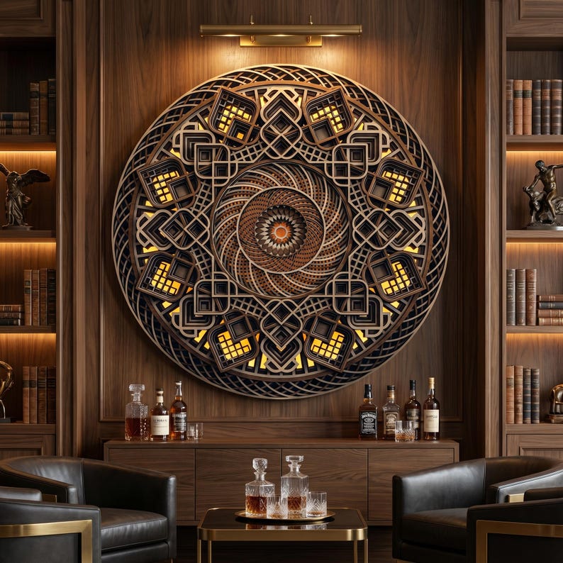 May include: A large, circular, multi-layered wooden wall art piece featuring an intricate geometric mandala pattern with warm, integrated backlighting. The design consists of concentric rings and repeating angular shapes in shades of brown.