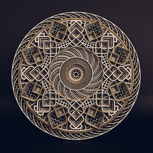 May include: A circular multi-layered wall art piece featuring intricate geometric patterns. The design consists of stacked layers in shades of cream, light wood, and dark brown, creating a deep, dimensional effect with a central sunburst motif.