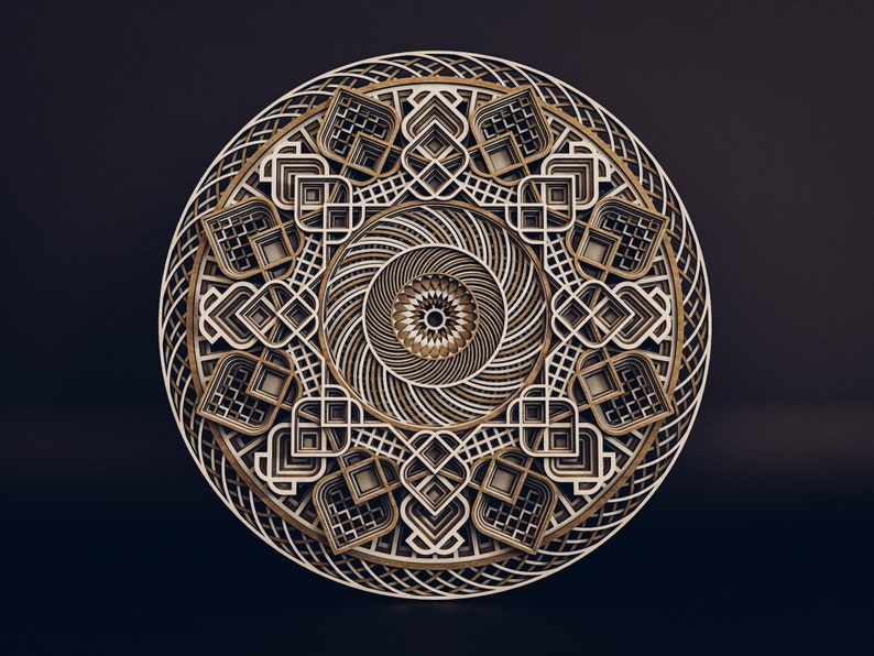 May include: A circular multi-layered wall art piece featuring intricate geometric patterns. The design consists of stacked layers in shades of cream, light wood, and dark brown, creating a deep, dimensional effect with a central sunburst motif.