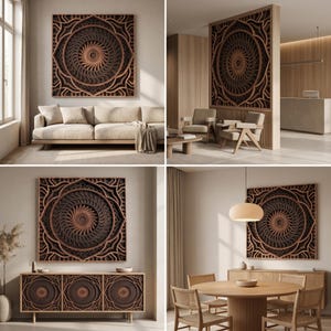 May include: A square wall art piece featuring a multi-layered, intricate mandala design with concentric circles and swirling patterns in shades of dark brown and natural wood, creating a three-dimensional effect with depth and shadow.