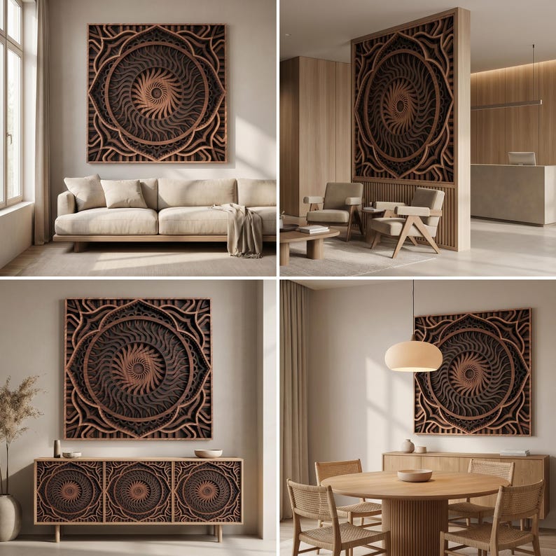May include: A square wall art piece featuring a multi-layered, intricate mandala design with concentric circles and swirling patterns in shades of dark brown and natural wood, creating a three-dimensional effect with depth and shadow.