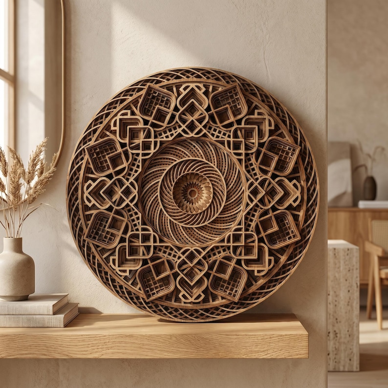 May include: A circular wooden wall art piece featuring intricate, multi-layered geometric patterns. The design consists of concentric rings with repeating square and lattice motifs, creating a deep, three-dimensional effect with natural wood tones.