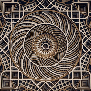 May include: A multi-layered wooden wall art piece featuring a complex geometric mandala design. The artwork consists of concentric circles, swirling curved lines, and square grid patterns in varying shades of natural brown and dark wood tones.