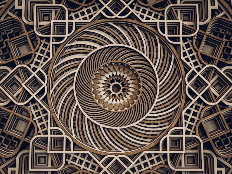 May include: A multi-layered wooden wall art piece featuring a complex geometric mandala design. The artwork consists of concentric circles, swirling curved lines, and square grid patterns in varying shades of natural brown and dark wood tones.