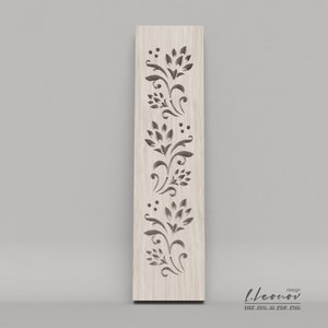 May include: A vertical wood panel with a decorative cutout design featuring a repeating pattern of stylized floral motifs. The design is cut out of the wood, creating a delicate and intricate pattern.