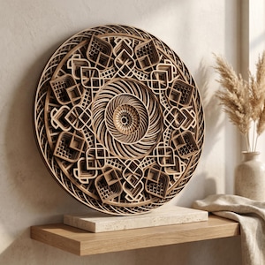May include: A circular wooden wall art piece featuring intricate, multi-layered geometric patterns. The design consists of concentric rings with repeating lattice and spiral motifs, showcasing natural wood tones and depth through stacked layers.