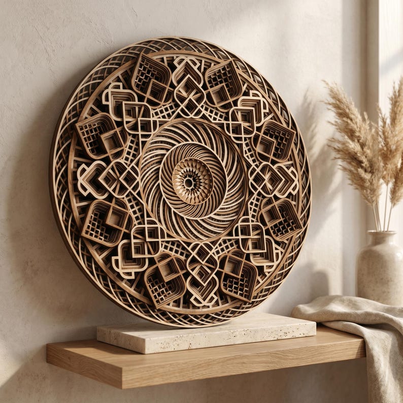 May include: A circular wooden wall art piece featuring intricate, multi-layered geometric patterns. The design consists of concentric rings with repeating lattice and spiral motifs, showcasing natural wood tones and depth through stacked layers.
