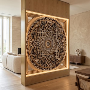 May include: A floor-to-ceiling wooden room divider featuring a large, circular, multi-layered mandala-style carving with intricate geometric patterns. The central design is illuminated by integrated LED strip lighting along the inner frame.