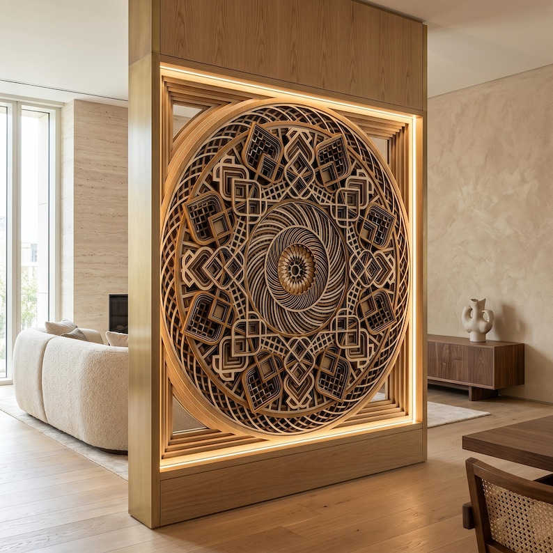 May include: A floor-to-ceiling wooden room divider featuring a large, circular, multi-layered mandala-style carving with intricate geometric patterns. The central design is illuminated by integrated LED strip lighting along the inner frame.