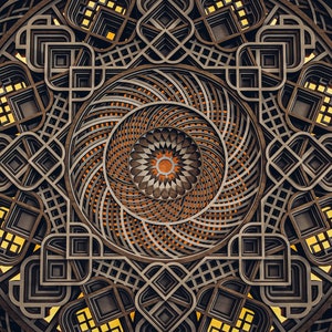 May include: A circular multi-layered wooden wall art piece featuring intricate geometric patterns. The design consists of concentric rings with cut-out shapes, showcasing dark brown wood tones and a warm yellow light glowing from behind the layers.