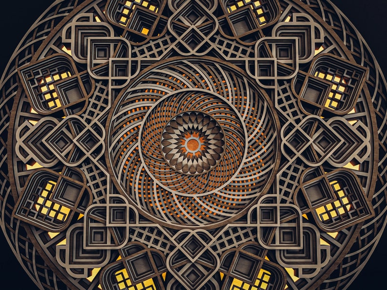 May include: A circular multi-layered wooden wall art piece featuring intricate geometric patterns. The design consists of concentric rings with cut-out shapes, showcasing dark brown wood tones and a warm yellow light glowing from behind the layers.