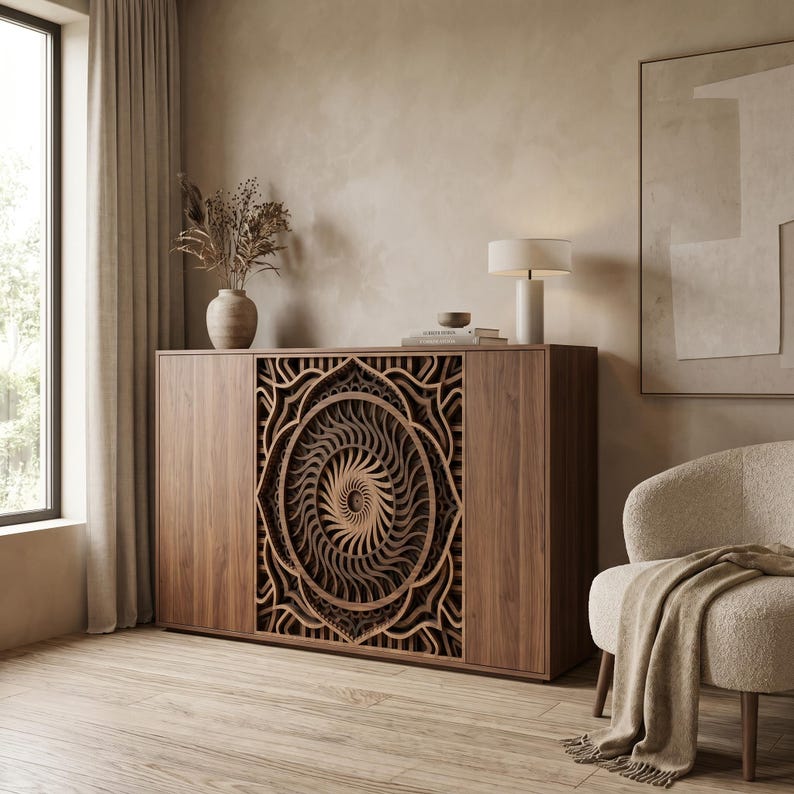 May include: A rectangular wooden sideboard featuring a central cabinet door with an intricate, multi-layered laser-cut mandala design. The cabinet is constructed from dark brown wood with a visible grain, flanked by two solid wood panels.