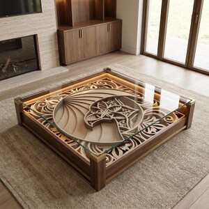 May include: A square coffee table with a dark wood frame and a glass top. Beneath the glass, a multi-layered wooden carving features an intricate eagle head design surrounded by swirling patterns, illuminated by integrated warm LED lighting.