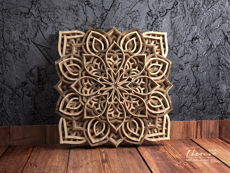 May include: A wooden mandala wall art with intricate geometric patterns and a light brown color.