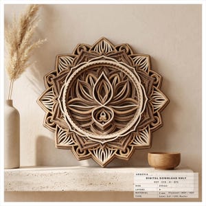 Lotus-mandala meerlaags SVG-bestand, 9 lagen lasergesneden ontwerp, DXF-sjabloon voor CNC-router, houten muur kunst digitale download