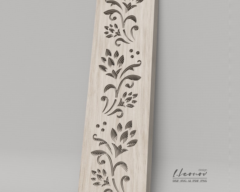 May include: A wood panel with a decorative laser cut design of a repeating floral pattern. The design is in a light brown color and the wood panel is a light beige color. The text "I.Leonov design DXF SVG AI PDF PNG" is at the bottom of the panel.