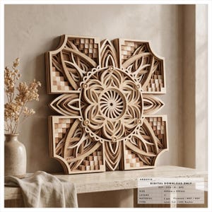 Bloemen mandala svg-bestand, gelaagd lasergesneden ontwerp, meerlaagse dxf-sjabloon, geometrische muurkunst svg, cnc router download
