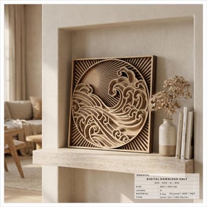 May include: A square, multi-layered wooden wall art piece featuring a laser-cut design of stylized ocean waves and a sunburst pattern. The artwork includes text indicating it is a digital download, 300 x 300 mm in size, with 11 layers.