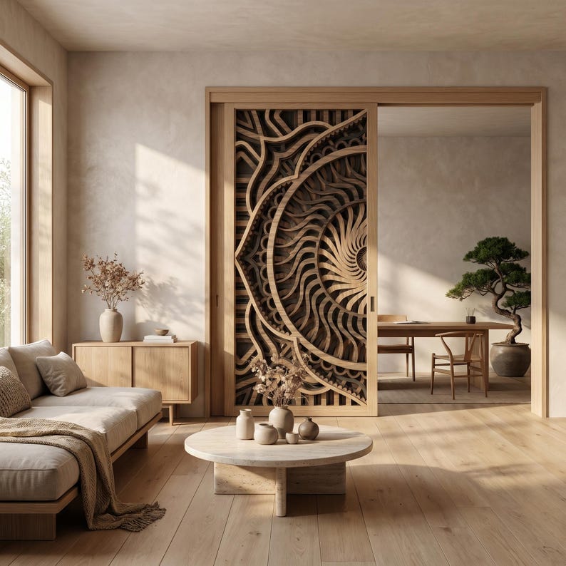 May include: A sliding wooden door featuring an intricate, multi-layered circular mandala cutout design. The door is set within a light-toned wood frame, separating a living area with a beige sofa and round stone coffee table from a dining room.