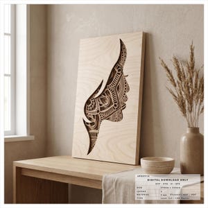 Puede incluir: Una pieza de arte mural rectangular de madera clara con un perfil de rostro humano cortado con láser y relleno de intrincados patrones de mandala. El texto indica: DIGITAL DOWNLOAD ONLY, DXF-SVG-AI-EPS, SIZE 375mm x 255mm, LAYERS 6, MATERIAL 3mm PLYWOOD/MDF/HDF, TYPE LASER CUT/CNC ROUTER.